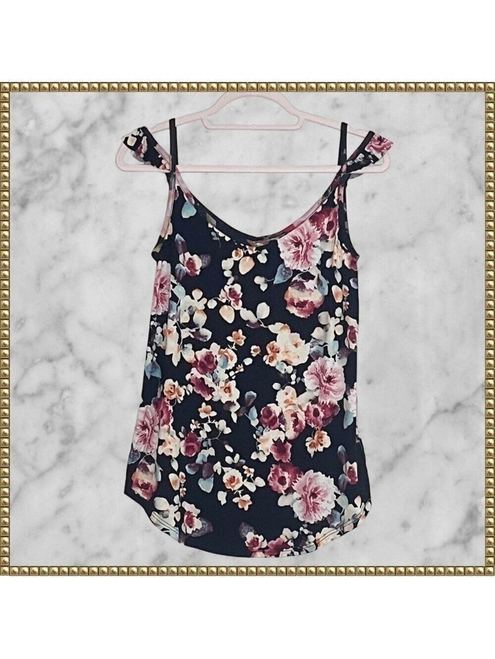 12PM by Mon Ami Black Floral Ruffle Top Small